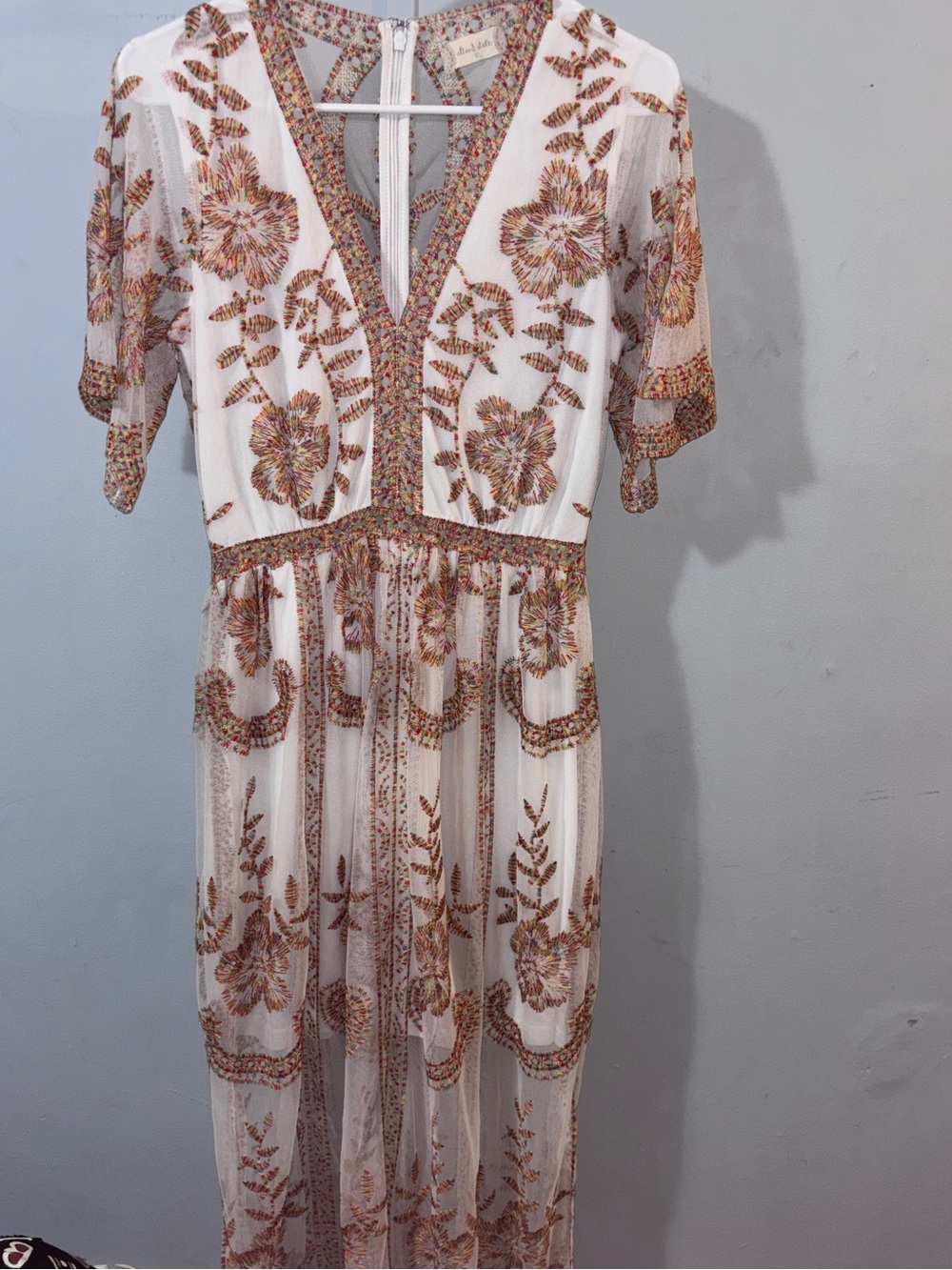 Altar'd State White Maxi Dress with Gold Floral Embroidery